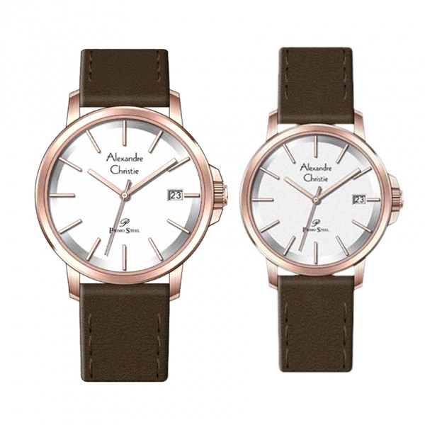 Alexandre Christie AC 1032 Rosegold White Brown Leather Couple